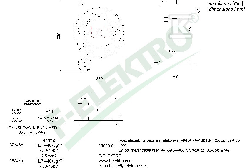 Rozgałęźnik bębnowy, MAKARA-460 32A 5p, - 14800-19